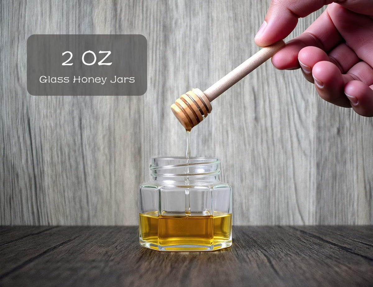 Adabocute Honey Pot, Mini Glass Honey Jars with Wood Dipper, Gold Lid, Bee Charms, Gold Organza