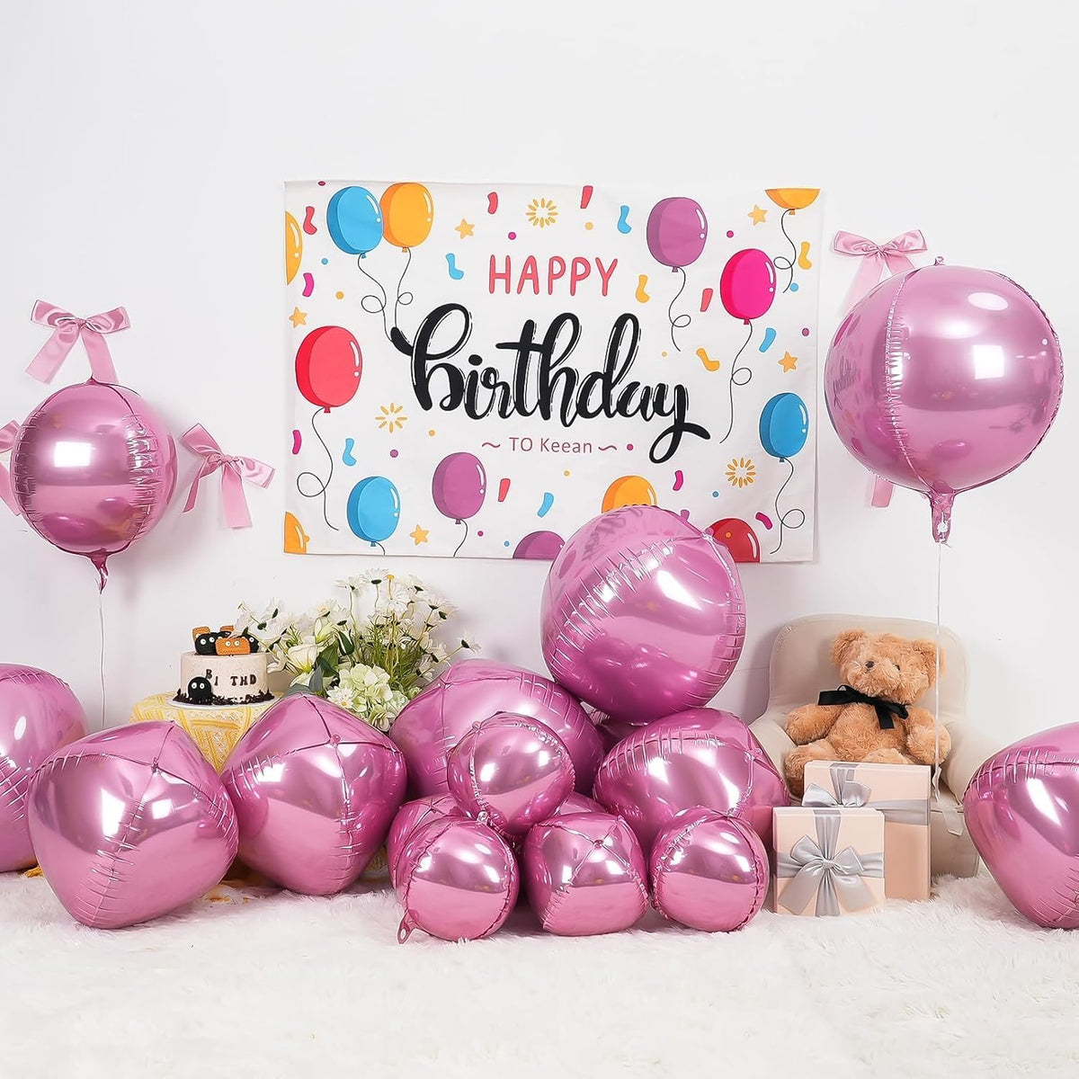 12Pcs Pink Round Foil Balloons, 22" 15" 10" 4D Helium Ball Balloon, Metallic Pink Foil Balloon for