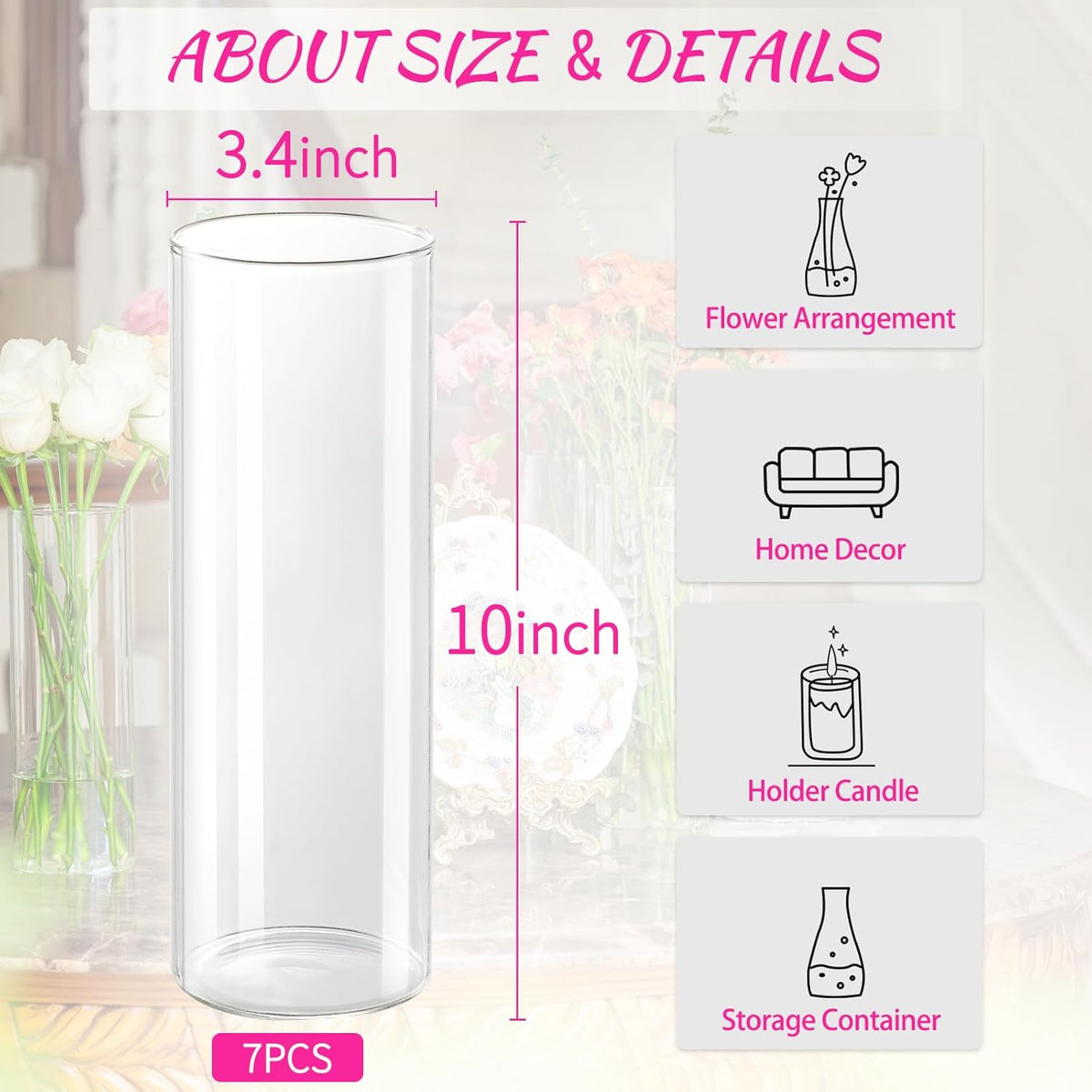 7pcs Glass Cylinder Vases for Centerpieces - 10 Inch Tall Glass Vases for Flower, Clear Flower Vase