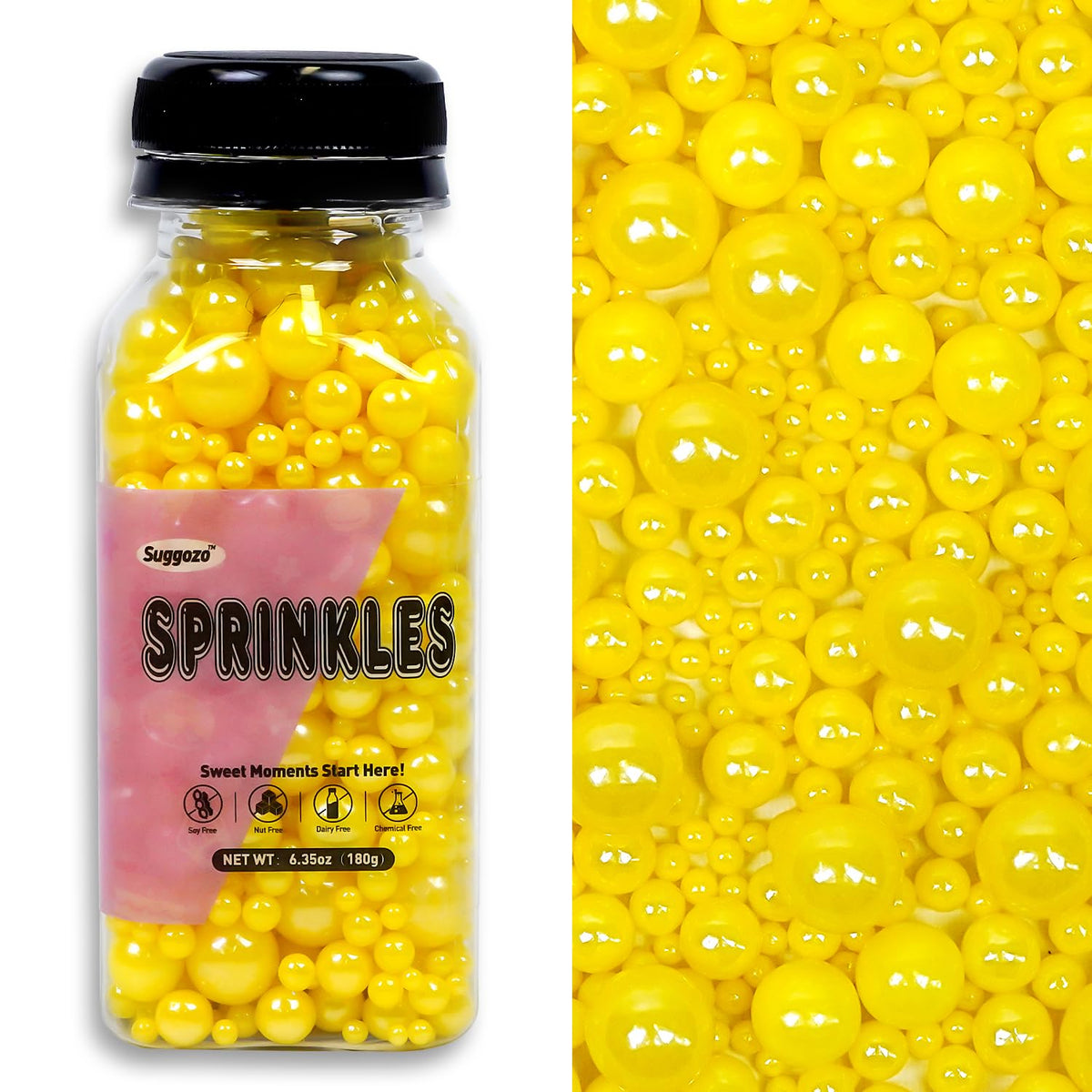 Yellow Pearl Sprinkles, Edible Sugar Pearls for Cake Decorating, 180g/6.35oz, Mix Size, Cake
