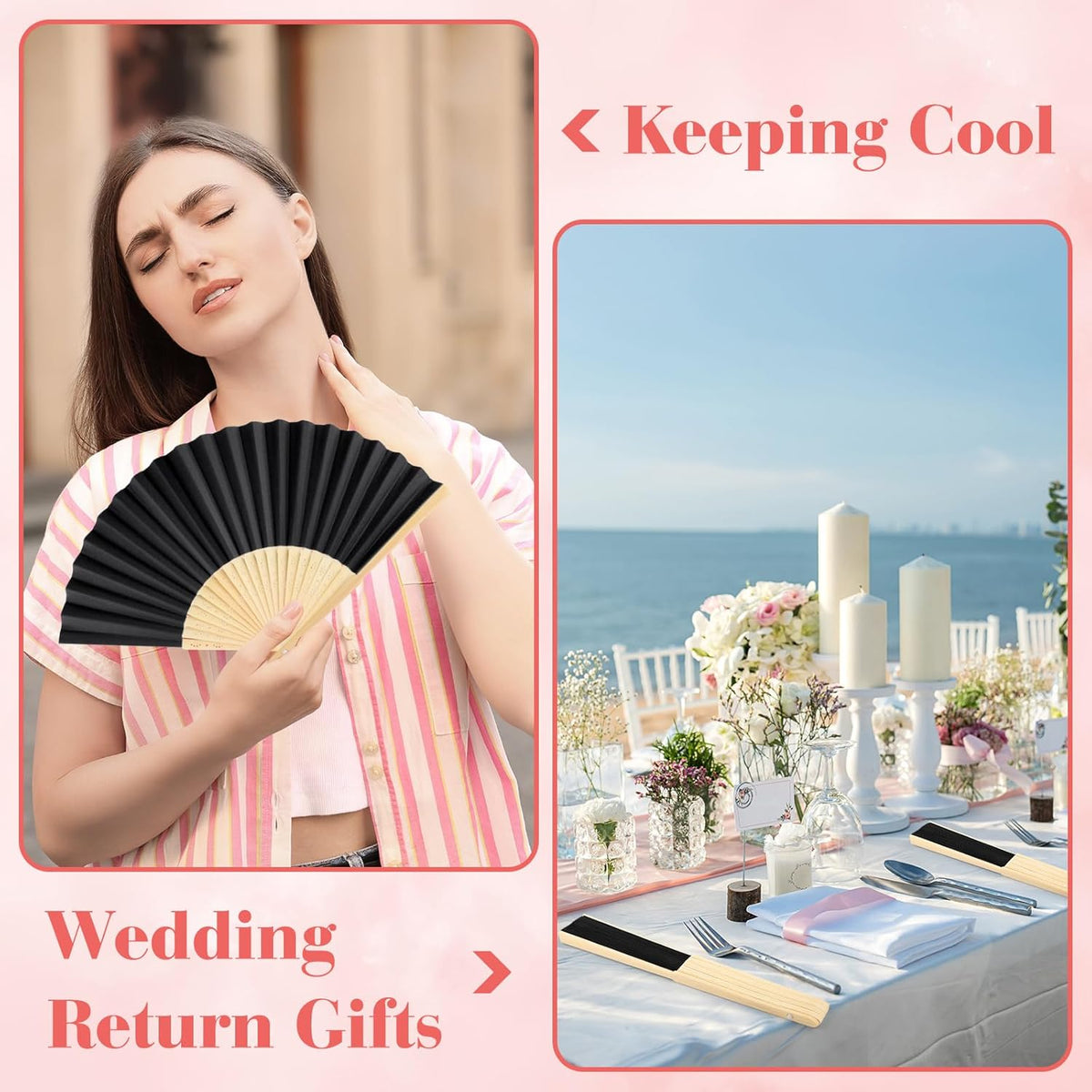 12 Pieces Black Hand Held Bamboo Folding Fans Paper Fans Handheld for Women Foldable Girls Wedding