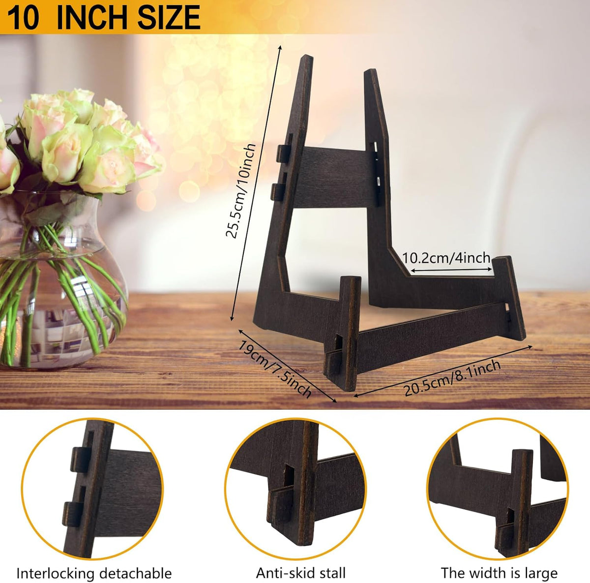 2 Pack 10 Inch Plate Display Stands - Wooden Picture Frame Holder for Books, Photo, Platter |
