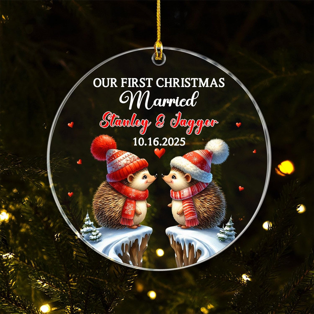 Our First Christmas Married Ornament, Custom Date/Name Mr & Mrs Hedgehog Ornament Gift for