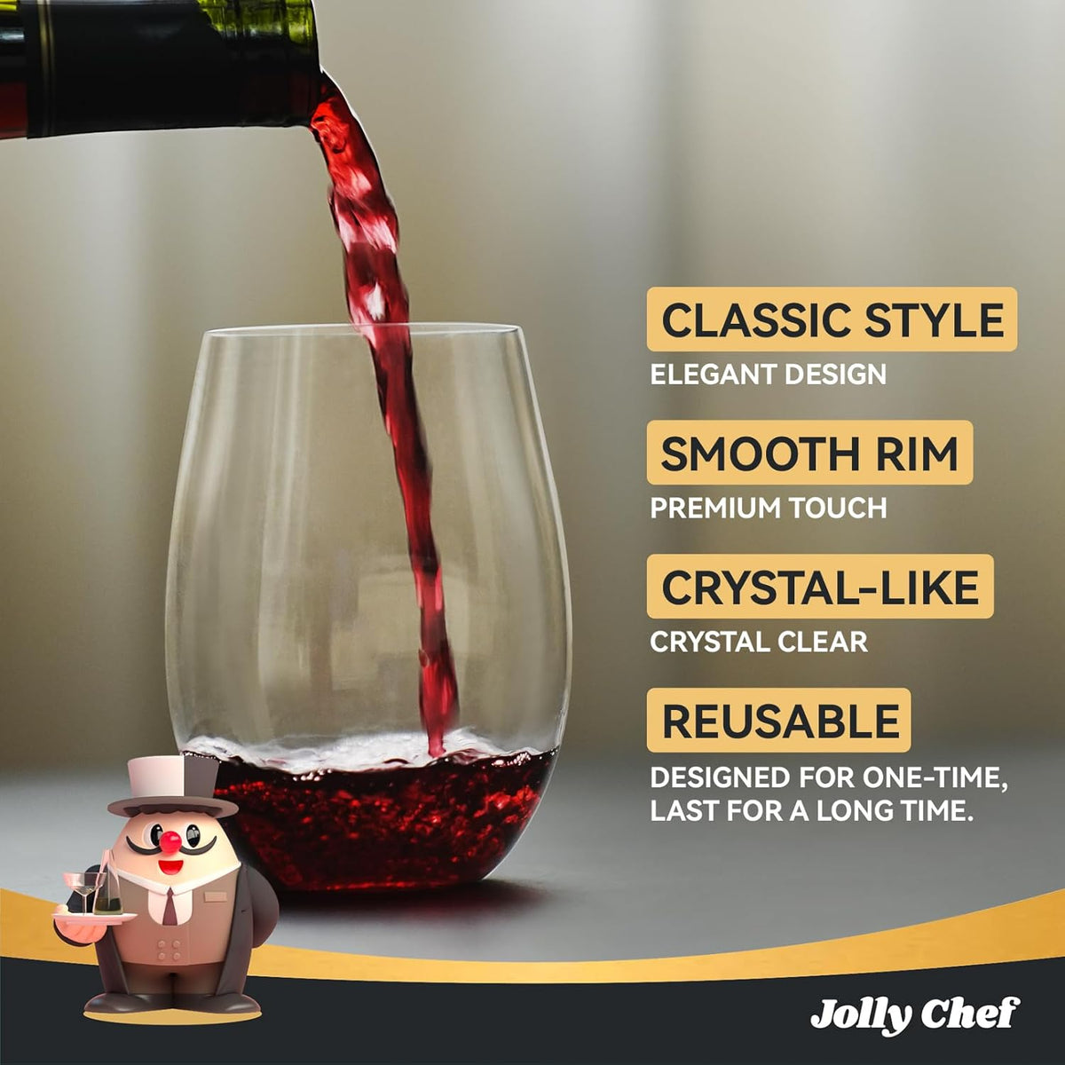 JOLLY CHEF 24 Pack 16oz Plastic Wine Glasses Stemless, Disposable Wine Cups, Premium Quality
