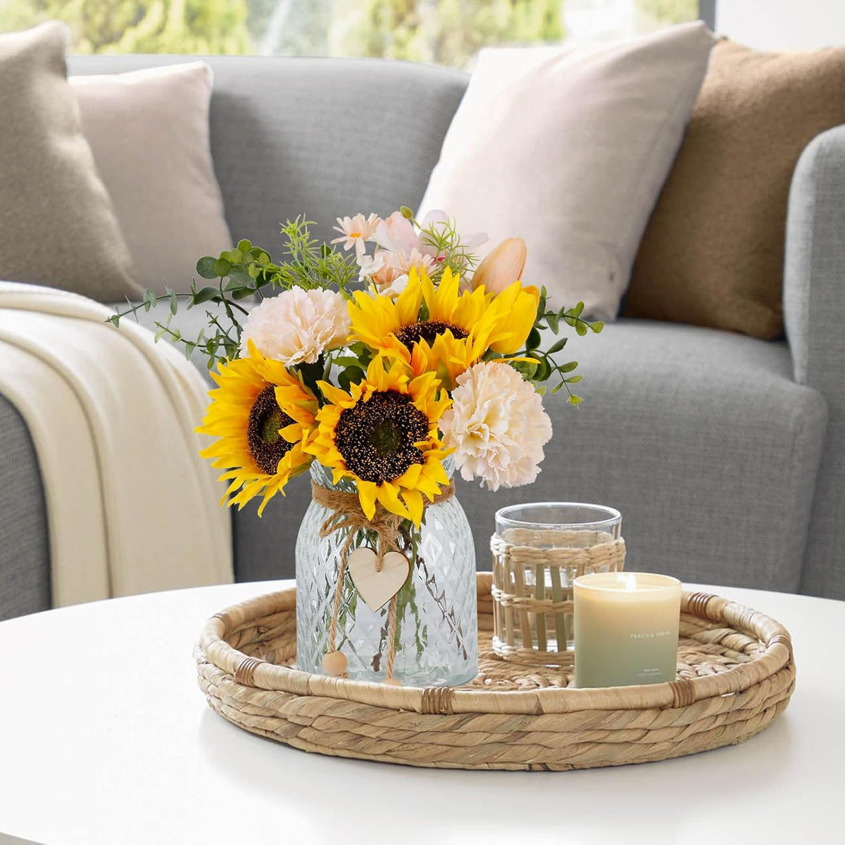 Fake Flowers in Vase,Artificial Sunflower Bouquets in Vase with a Flower Arrangement Holder,Table