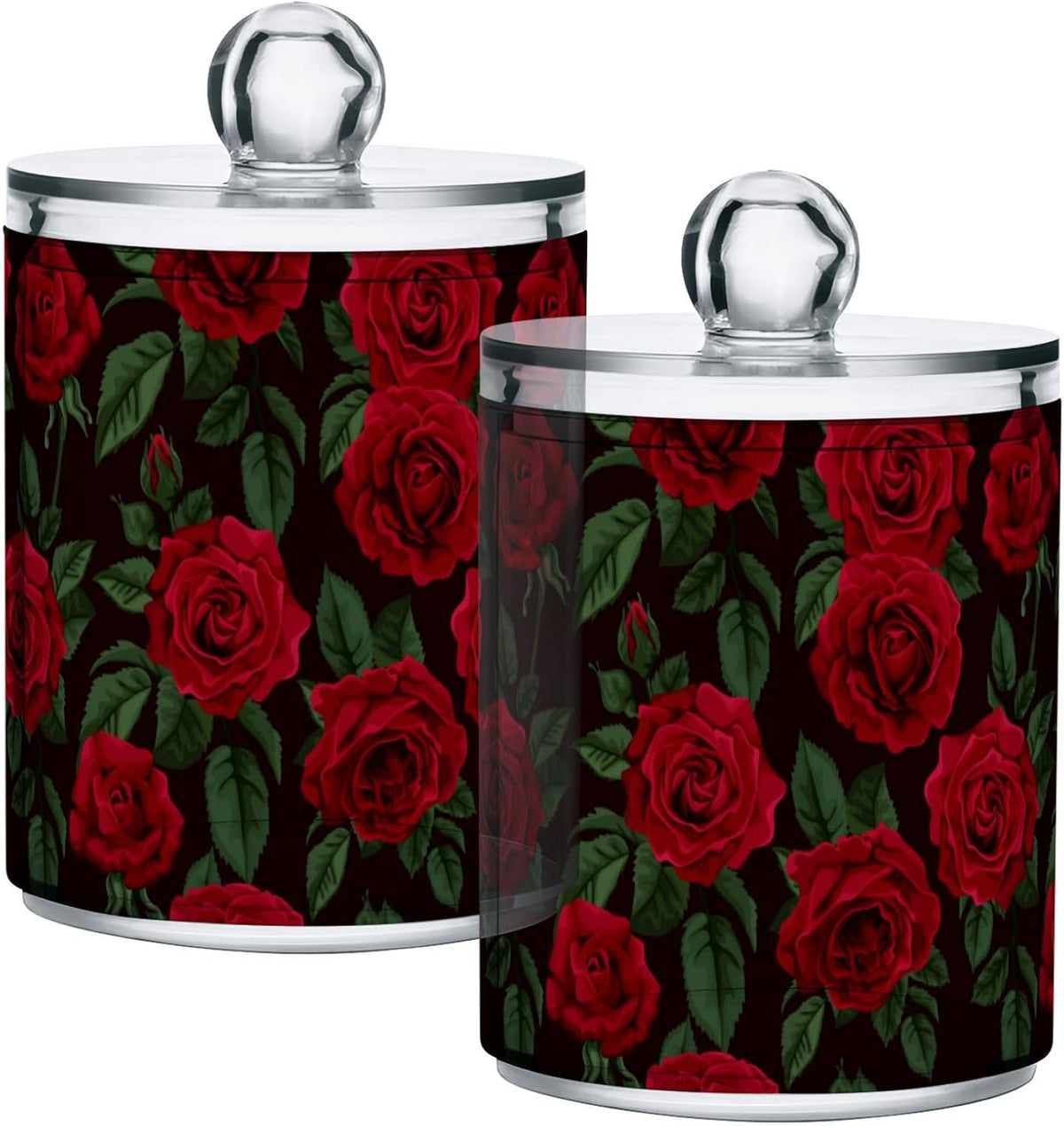 Gredecor Qtip Holder Dispenser 2 Pack Red Rose Flowers Leaves Bathroom Decorative Storage Canister