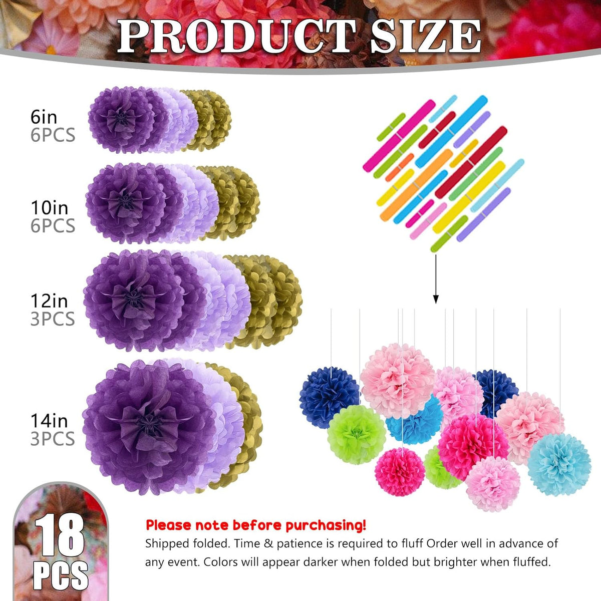 Tissue Paper Pom Poms, Purple Gold Tissue Paper Flowers, Hanging Flower Balls for Weddings Fiesta