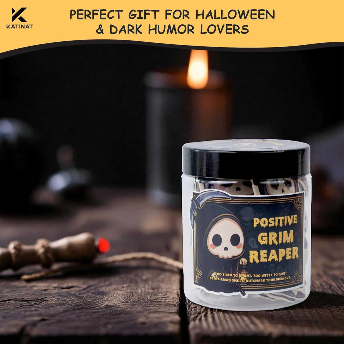 Emotional Support Grim Reaper – Positive Grim Reaper Jar, Dark Humor Spooky Gifts, Halloween Basket