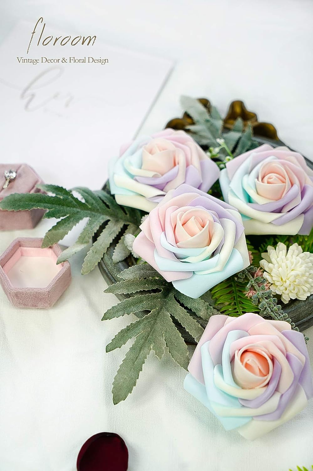 Floroom Artificial Flowers 25pcs Real Looking Whimsical Blush Foam Fake Roses with Stems for DIY