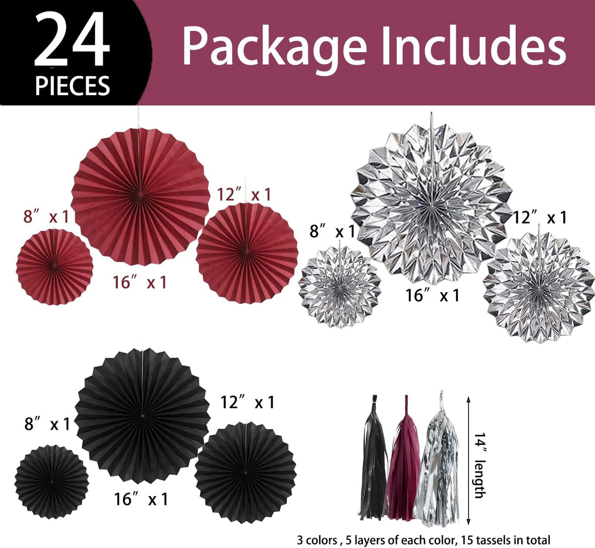 24PCS Maroon Decorations Burgundy Black Silver Party Decor Tassel Garland Banner Paper Flower Fans
