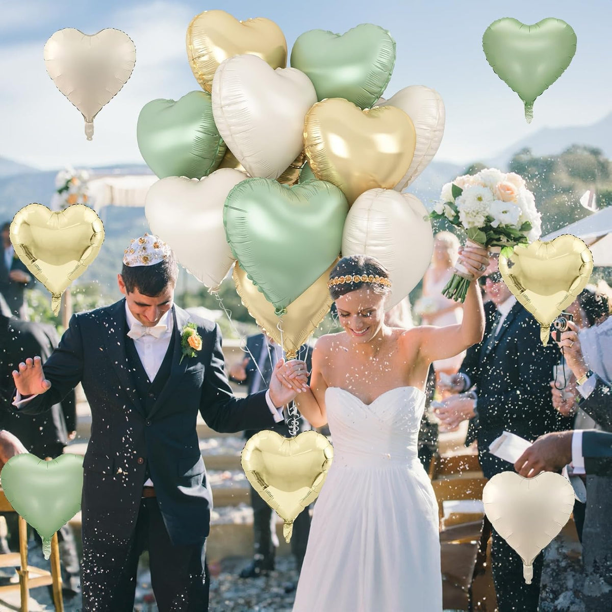 Sage Green Gold Heart Balloons, 12PCS Green Gold Heart Shaped Foil Balloons, 18Inch Green Cream