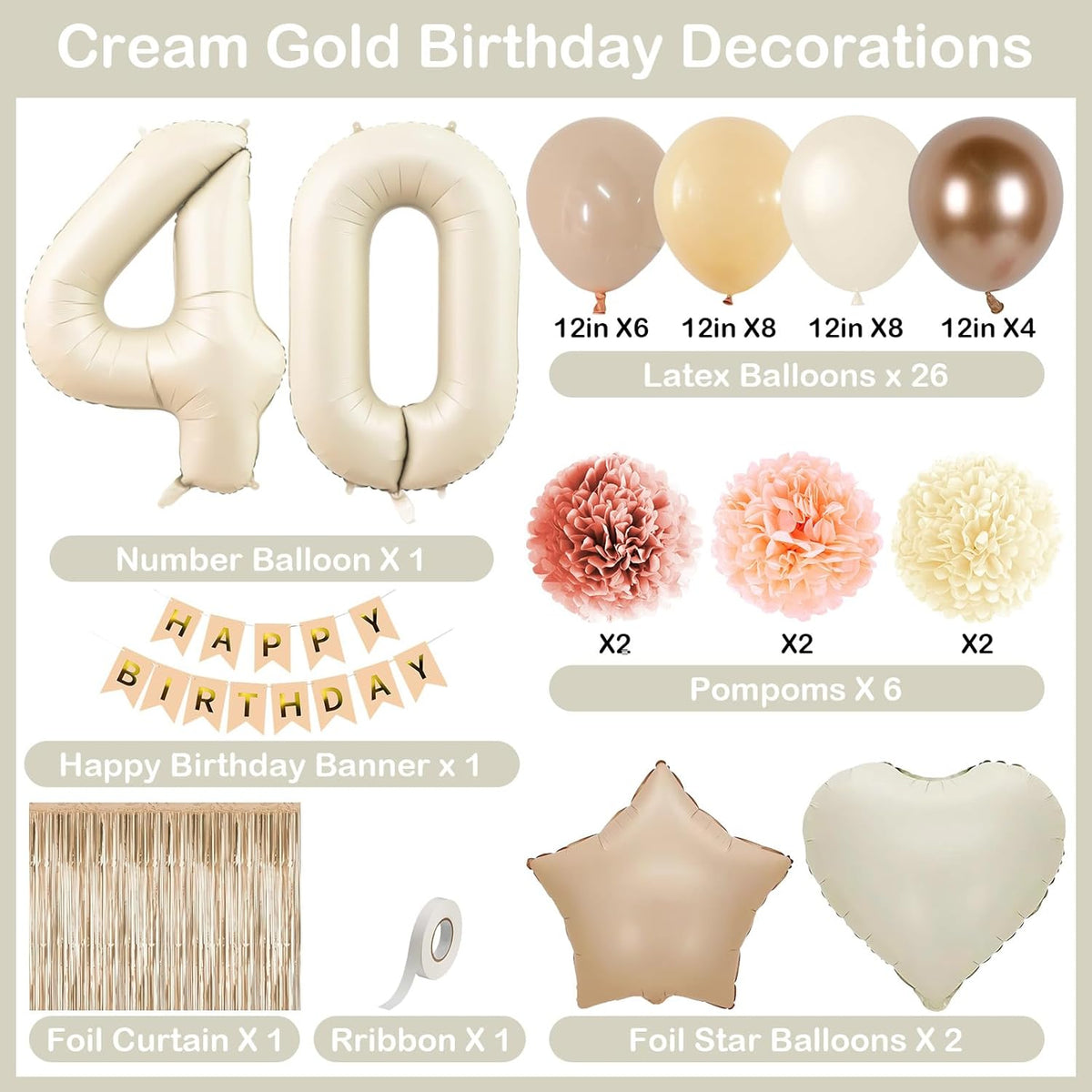 Beige 40th Birthday Decorations for Women Cream Number 40 Balloon Nude Gold Happy Birthday Banner