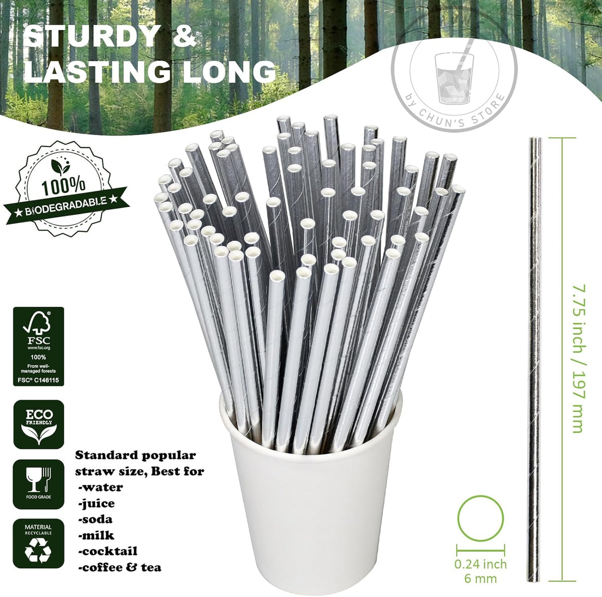 7.75 inch Disposable Silver Paper Straws 1000 Counts - for Drinking, Cocktail, Bar, Restaurant