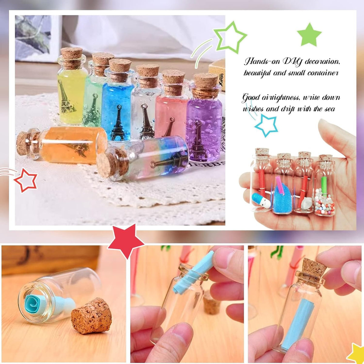 WFPLUS 60 Pcs 10ml Small Glass Bottles with Cork Stopper - DIY Mini Glass Jars, Tiny Clear Vials