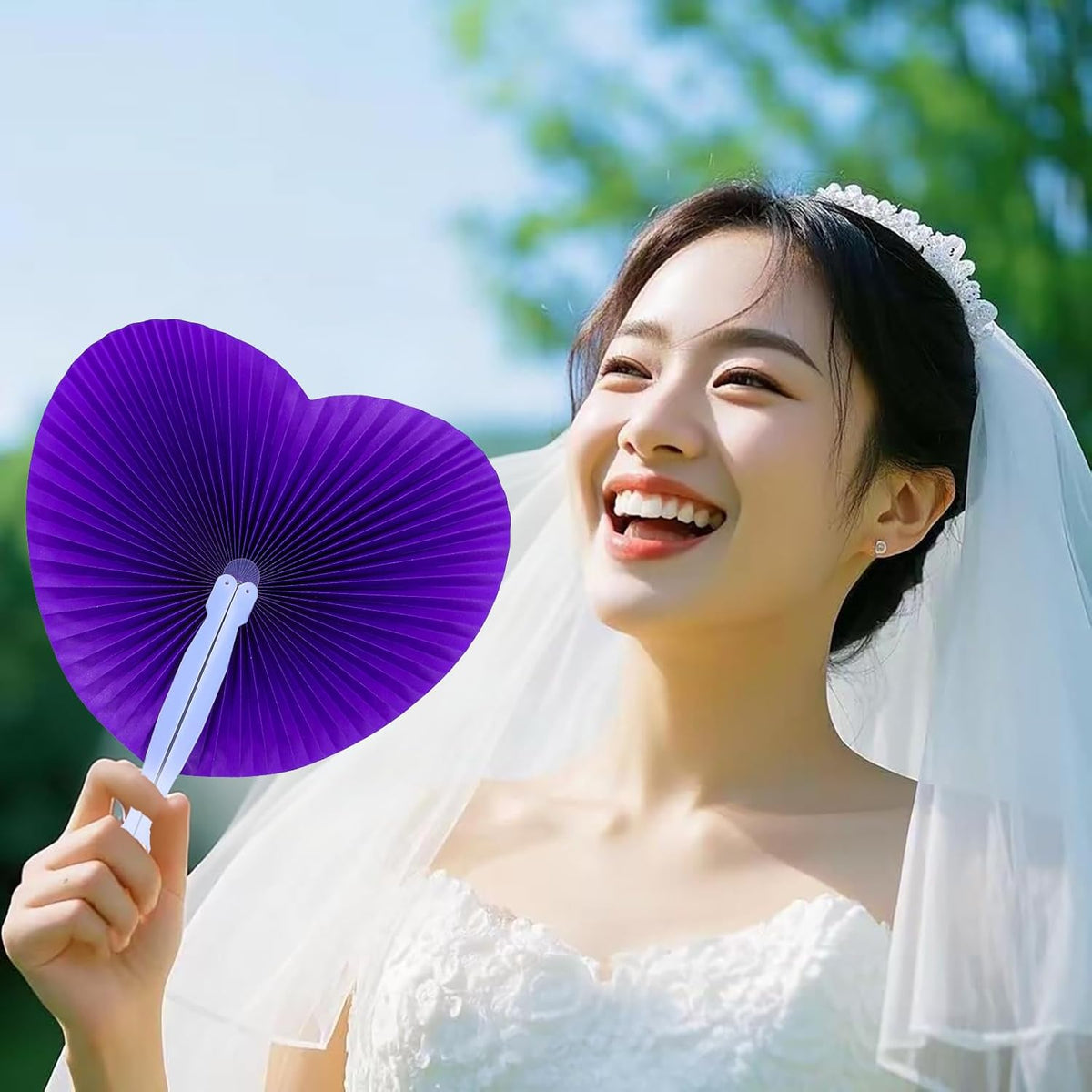 12 Packs Decorative Paper Folding Hand Fans Handheld,Purple Heart Foldable Wedding Fans Chinese and