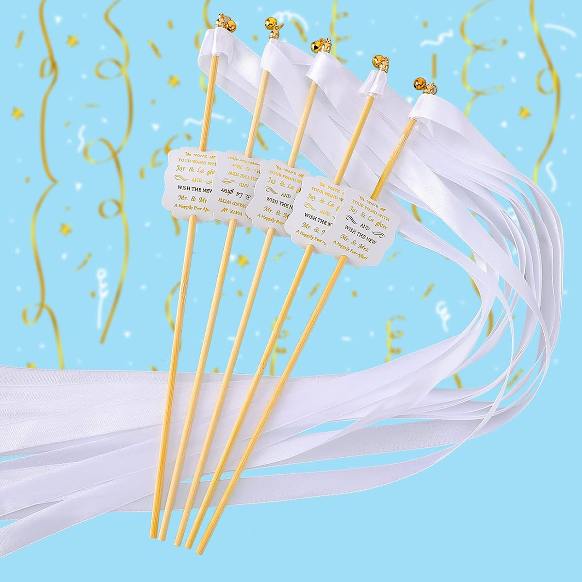 Junkin 100 Pcs Wedding Wands Streamers with Bells Set, 50 White Wedding Send Off Ribbon Streamers