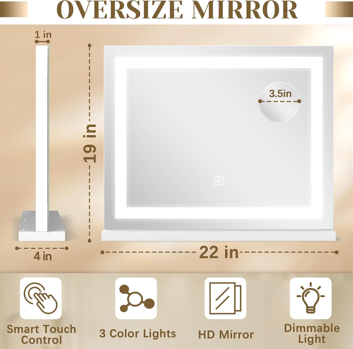 Lighted Vanity Mirror with Lights, LED Makeup Mirror with 3 Color Modes, Touch Dimming, Wall