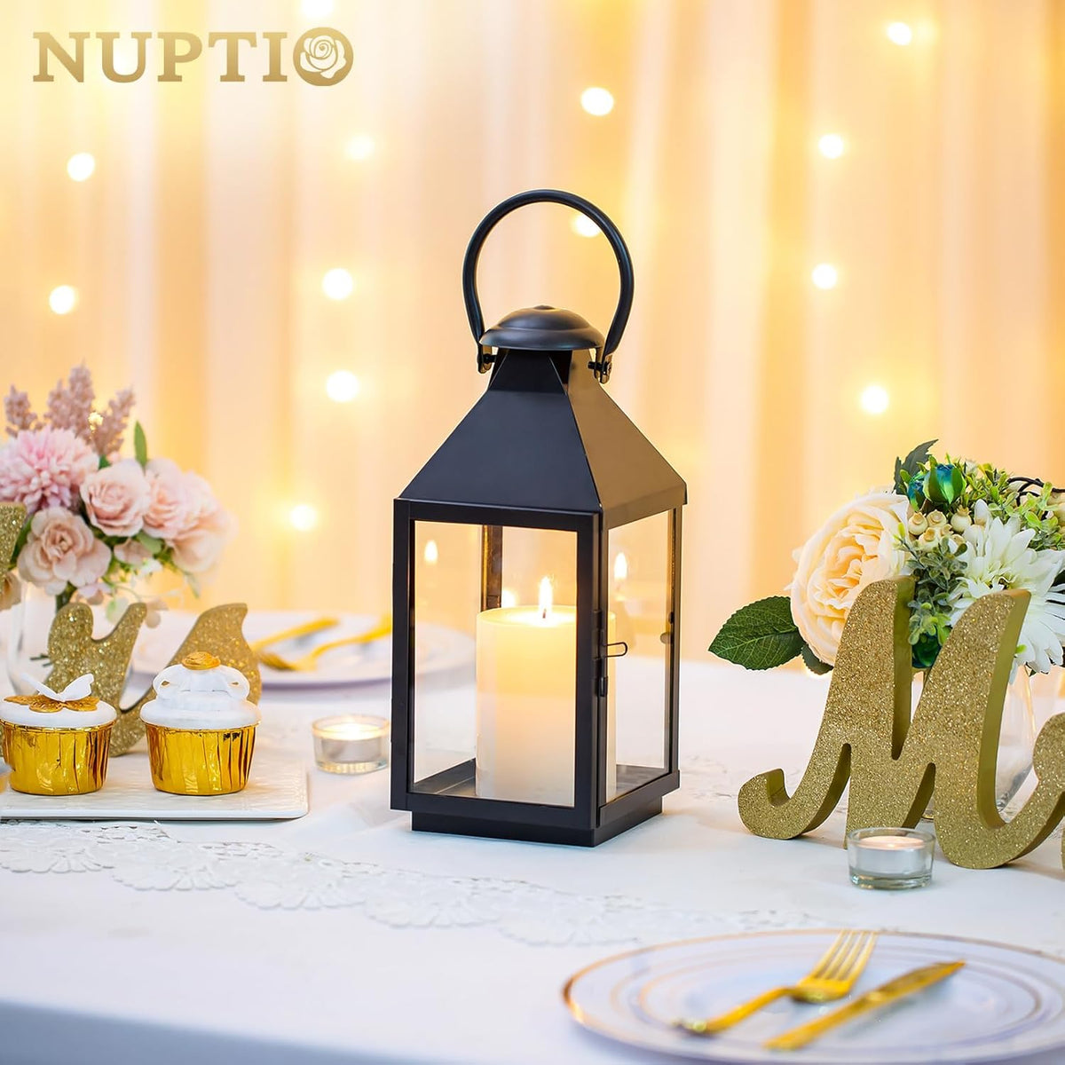 NUPTIO Black Decorative Candle Lantern: Metal Pillar Candle Holders for Table Centerpiece - 10.2in