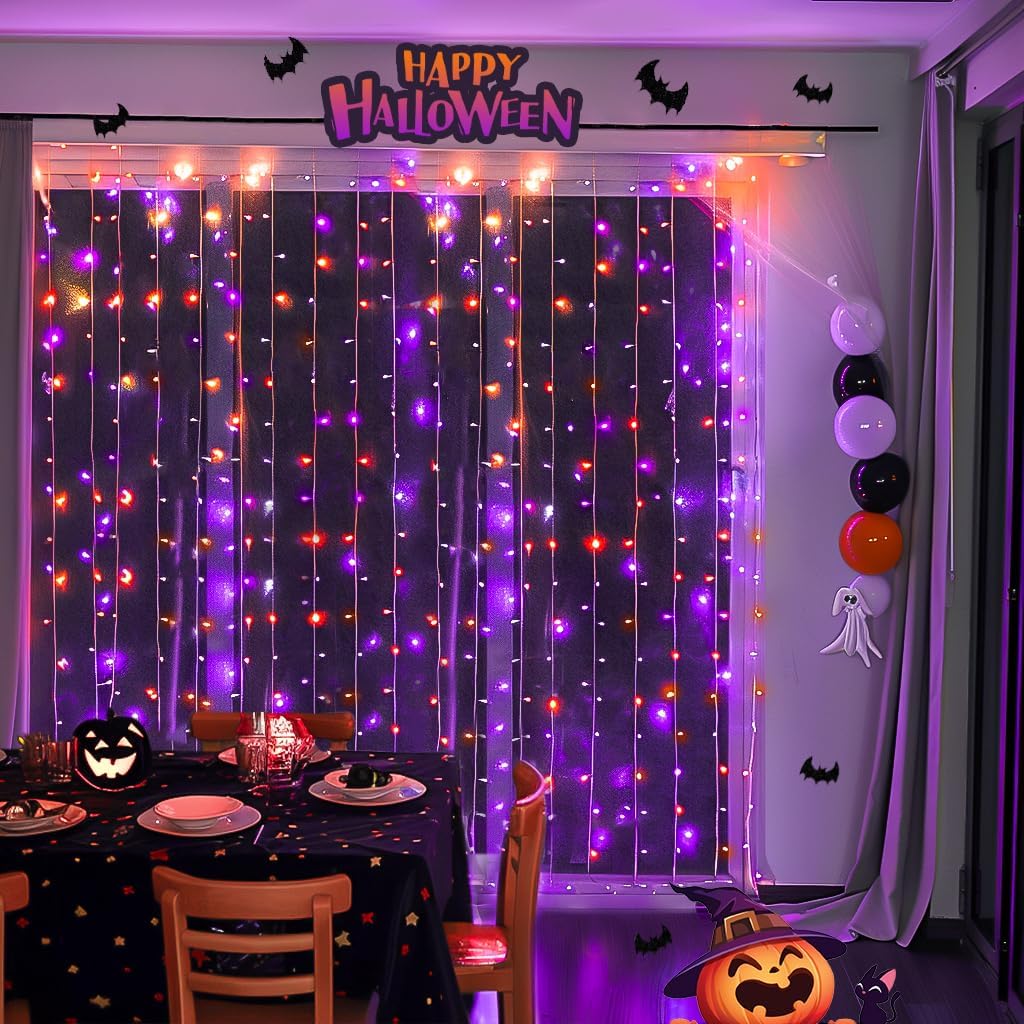 JMEXSUSS 300LED Orange and Purple Halloween Curtain Lights with Remote, 9.8x9.8ft Window Twinkle