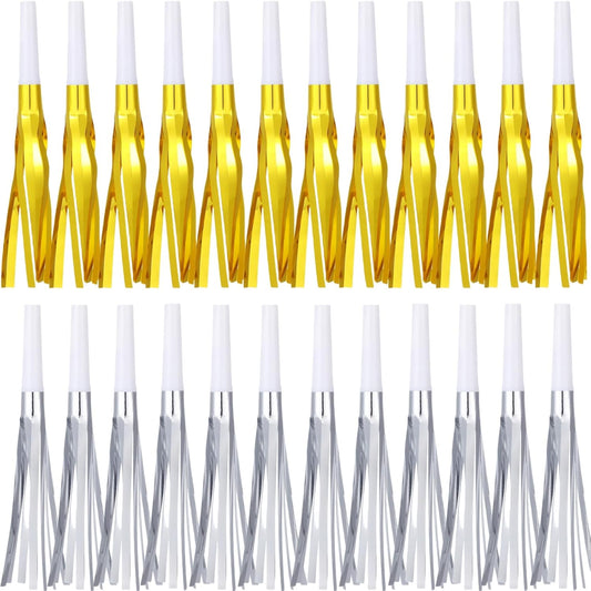 Metallic Fringed Noise Makers, 24 Pcs, Gold White, Silver White, for Noise Makers Party Favors