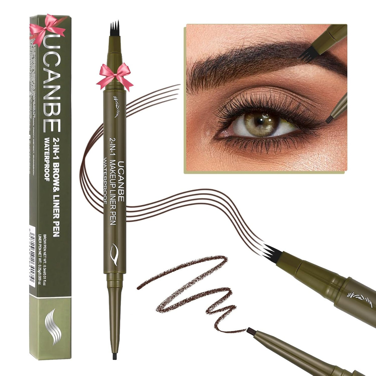 UCANBE Eyebrow Pen, Dual-Ended Eyebrow Pencil with 4-Fork-Tip & Gel Eyeliner for Women, Eye Brow