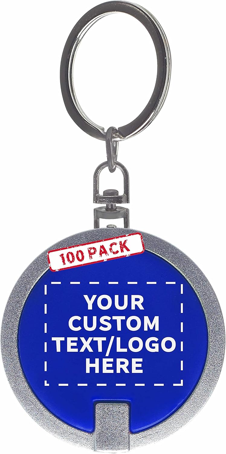 DISCOUNT PROMOS 100 Round LED Keychains - Customizable Text, Logo - Battery included, Plastic - Blue