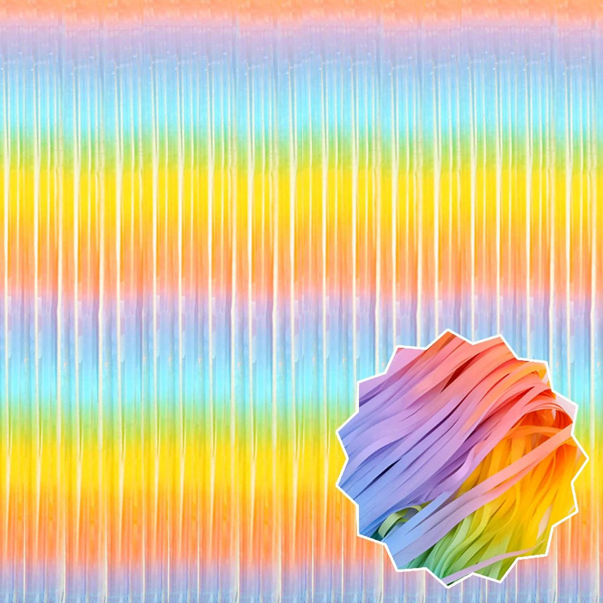 6 Pack Light Rainbow Foil Fringe Curtains Backdrop, 3.28 x 8.2 Ft Metallic Streamers Tinsel