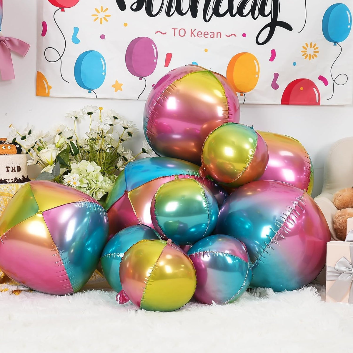 12Pcs Gradient Color Round Foil Balloons, 22" 15" 10" Rainbow Helium Ball Balloon, Metallic