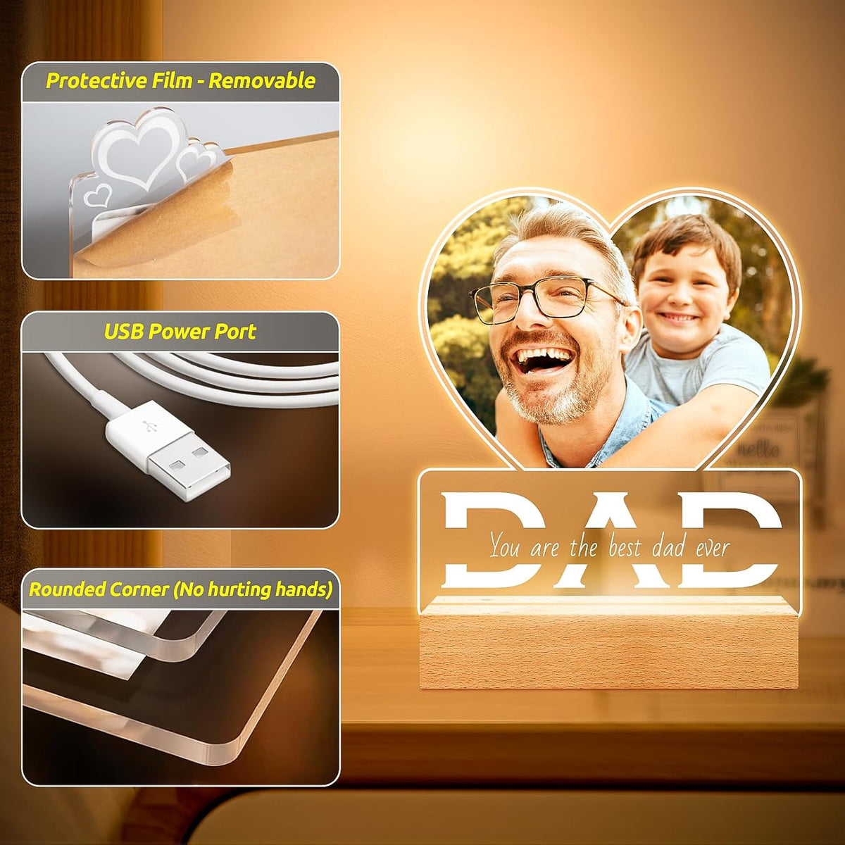 Personalized Photo Gifts for Dad from Daughter and Son, Personalized Picture Frame with Night