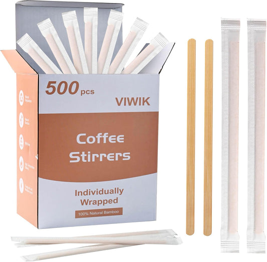 VIWIK 500 Pack Coffee Stirrers 5.5 Inch Coffee Bar Accessories - Individually Wrapped Wood Bamboo