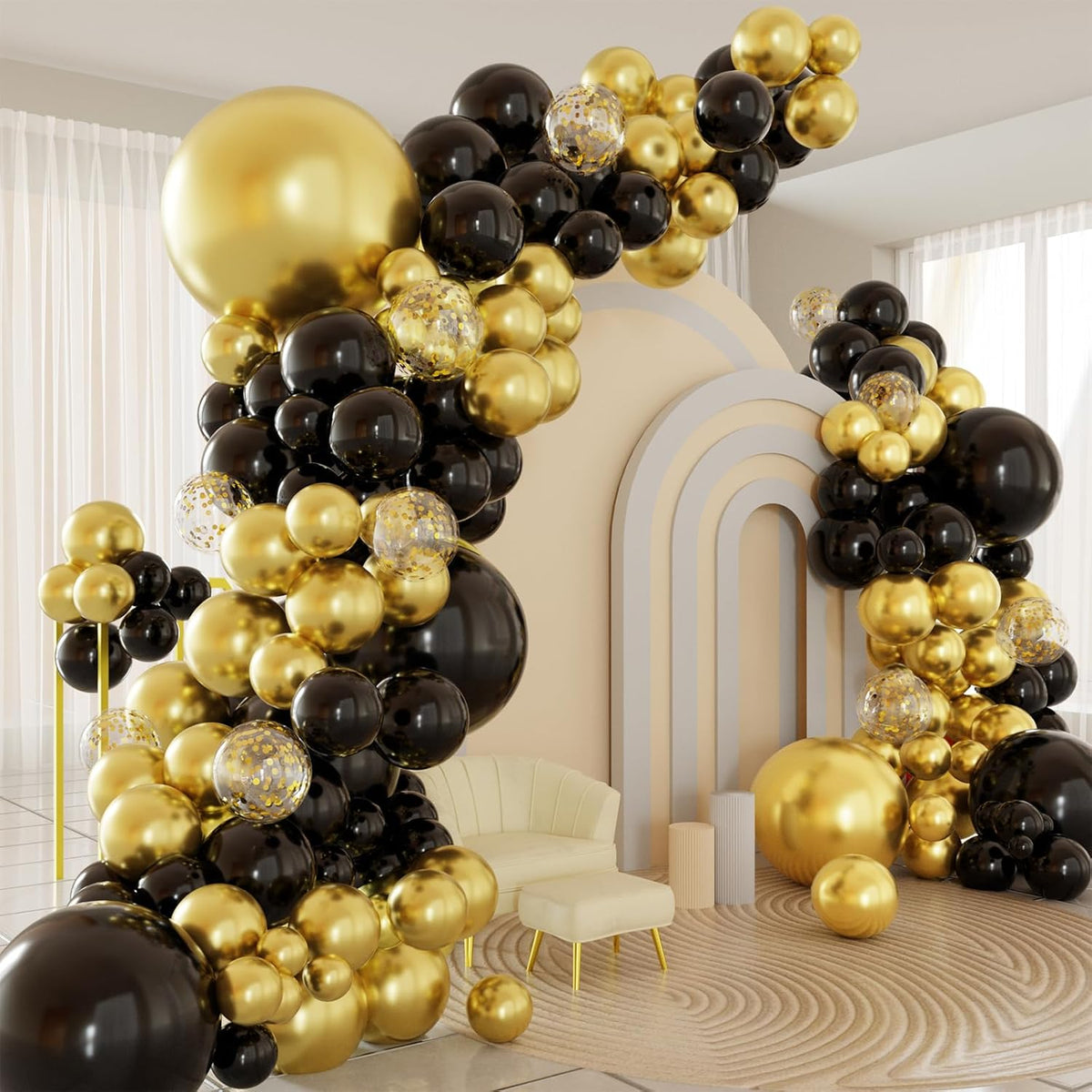 Black and Gold Balloons Arch Garland Kit, 122pcs Gold and Black Confetti Balloons with 16ft Tape