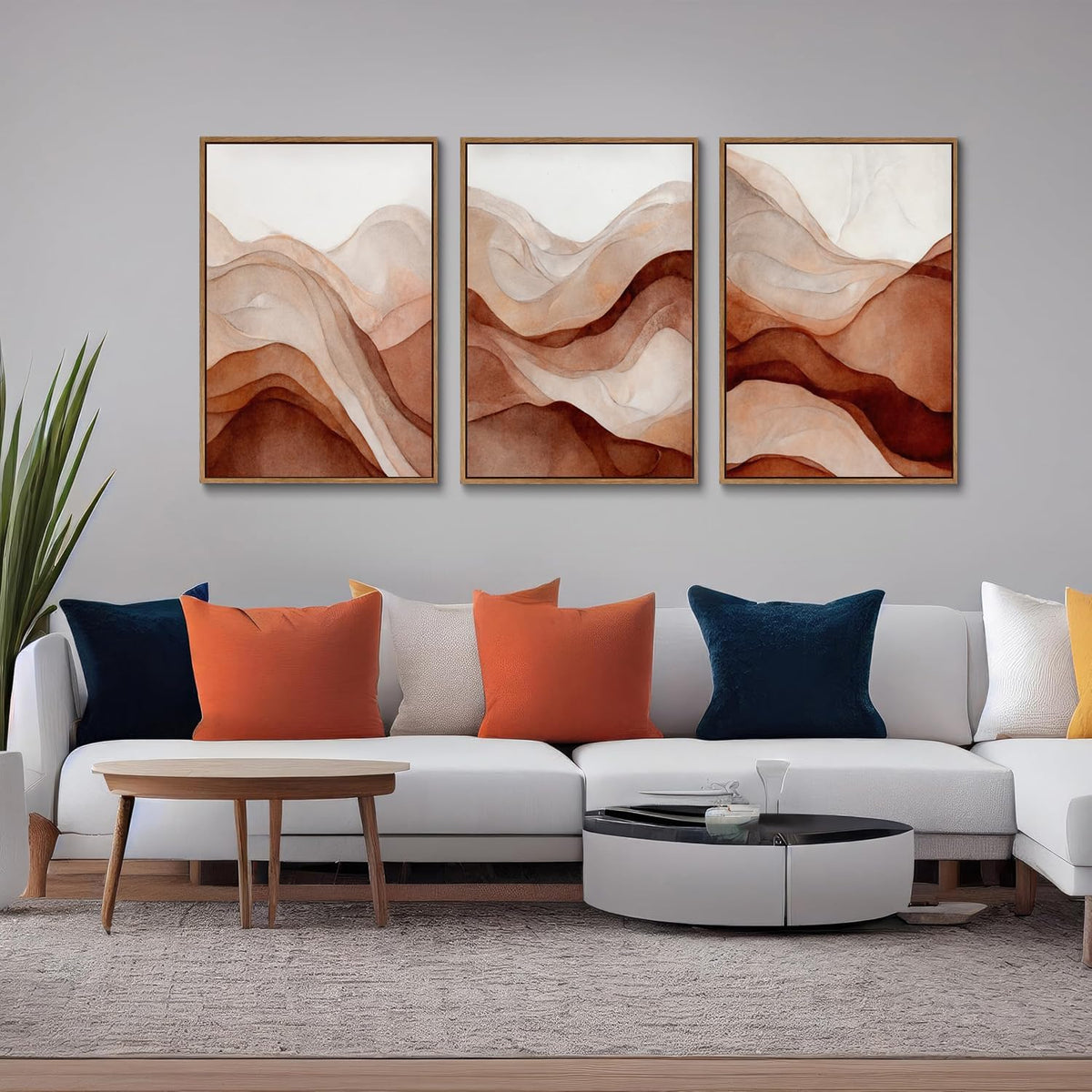 myusuar 3 Piece Large Abstract Framed Wall Art For Living Room, Smoke Texture Ink Warm Brown