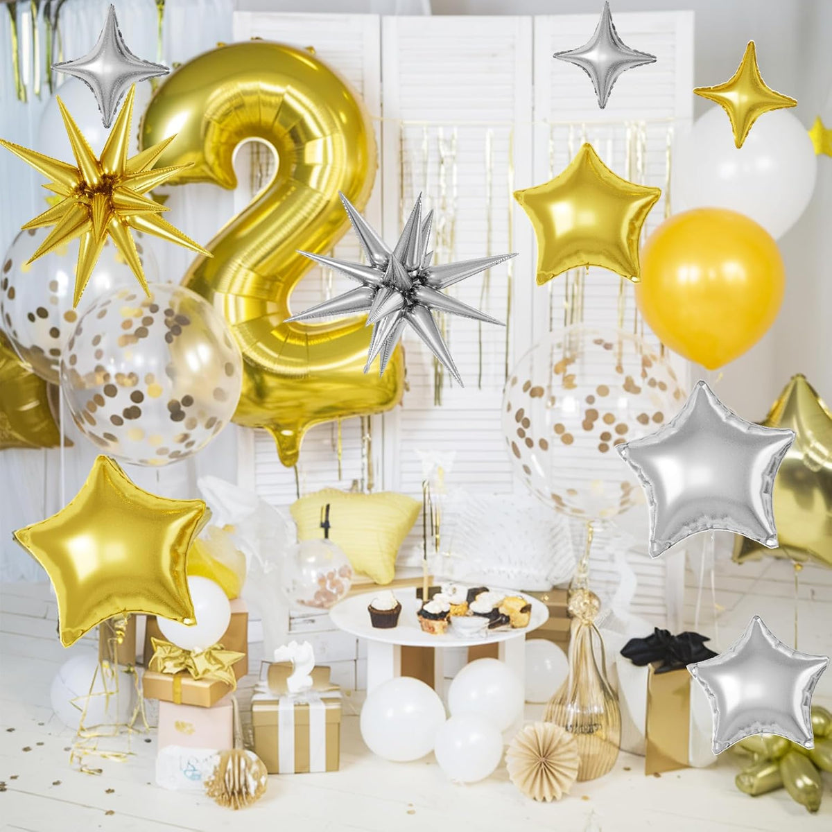 16 Pcs Gold Silver Star Balloons, 22/18/10 Inch Foil Balloons, Four-Pointed Balloon for Kids Men