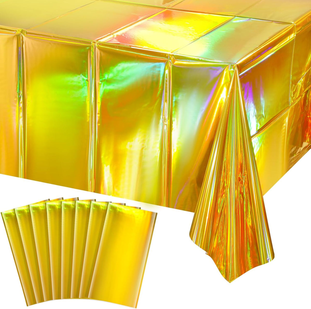8 Pack Gold Iridescent Plastic Tablecloths Shiny Disposable Laser Rectangle Table Covers