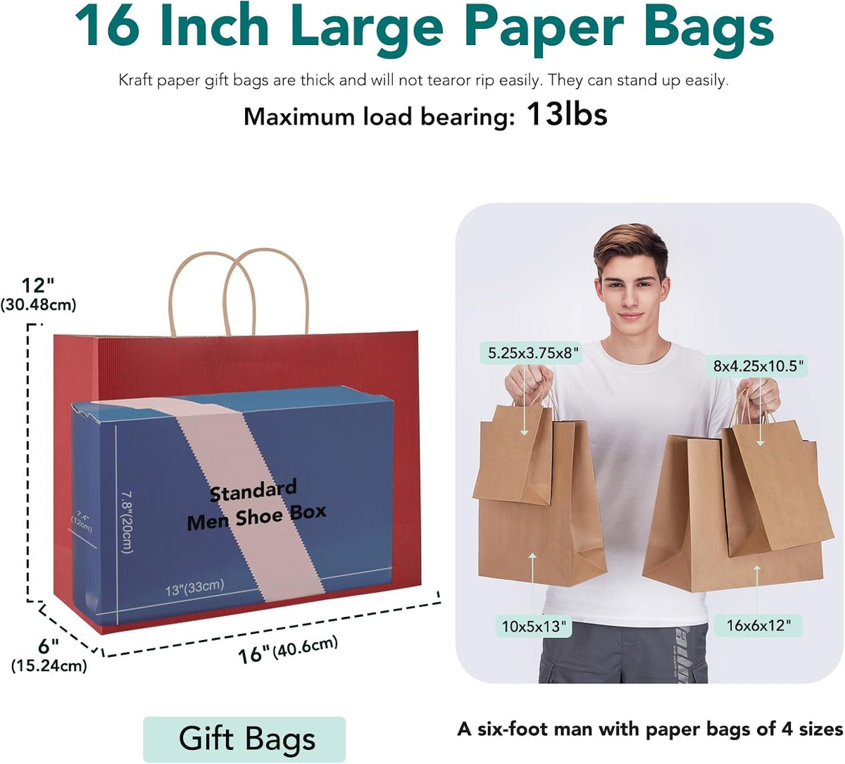GSSUSA Gift Bags Large with Handles 16x6x12 Red 50Pcs, Kraft Paper Bags Bulk for Small Business