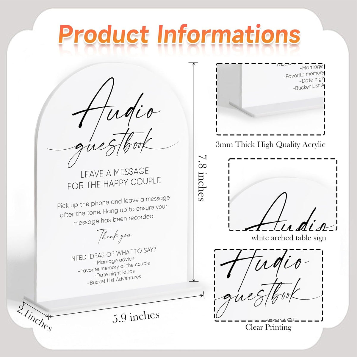 Audio Guest Book Sign, White Arch Acrylic Wedding Sign, Audio Guest Book Wedding Phone, Bridal