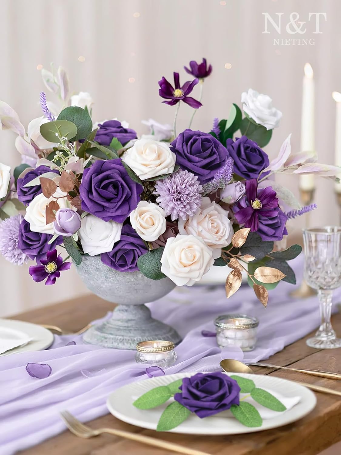 N&T NIETING Artificial Flowers 50pcs Real Looking Dusty Purple Foam Fake Roses with Stems for DIY