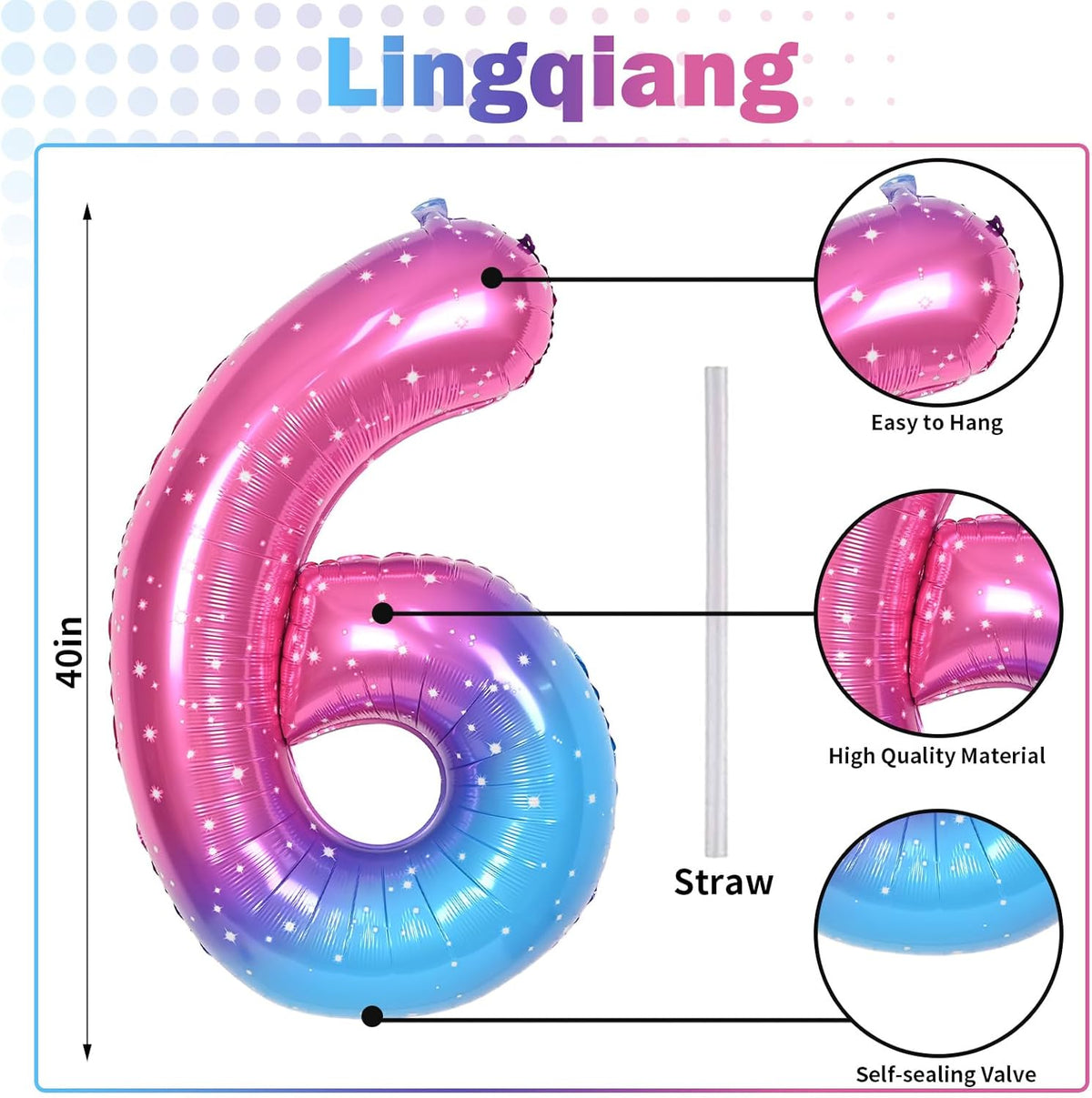 Gradient Blue Pink Number Balloons, 40" Large Rainbow Number 6 Foil Mylar Helium Balloons for Girls