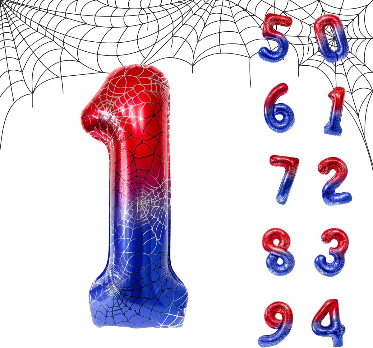 Spider Web 40Inch Foil Number Balloons Set 0-9 Includes Inflation Straws - Giant 7 Decor for