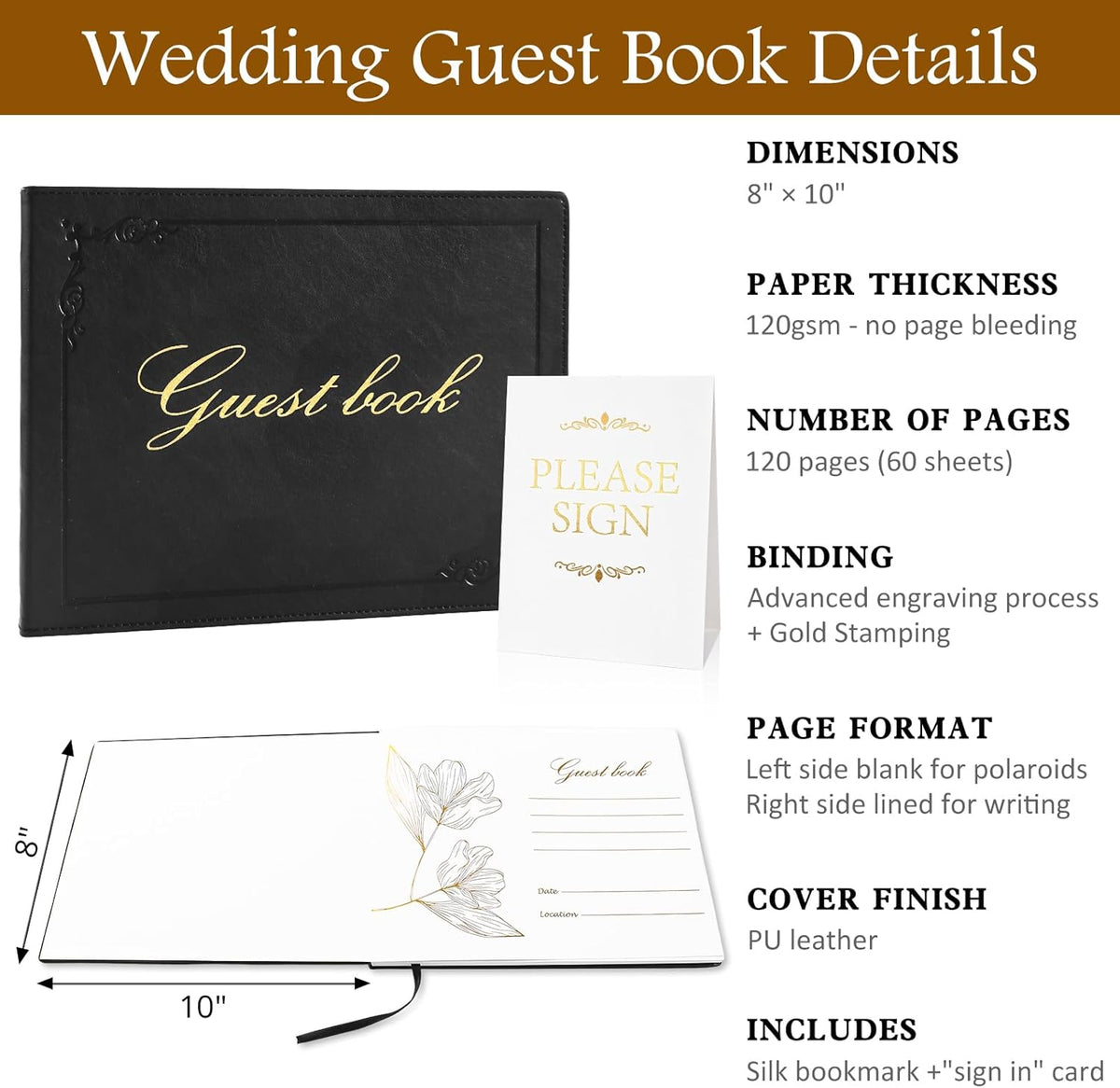 8x10 Leather Guest Book and Standup Sign Set, Gold Foiled Cover Registry Book for Wedding