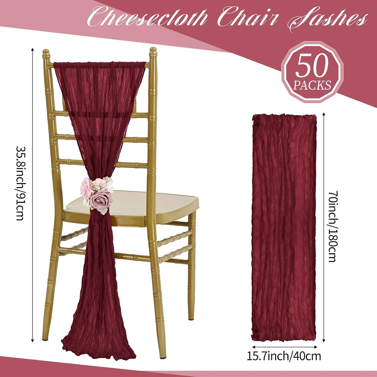 50 PCS Cheesecloth Chair Sashes, Bows Designed ChairSashes, 15.7x70 inch Chair Sashes for Aisle