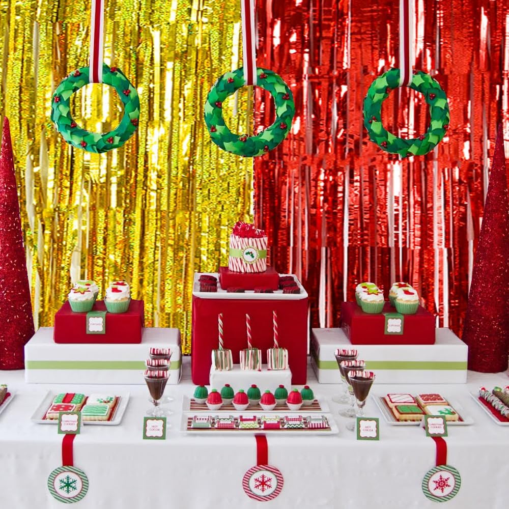 BEISHIDA 4 Pcs Red and Gold Party Streamers Fringe Foil Curtain Backdrop Tinsel Background Party