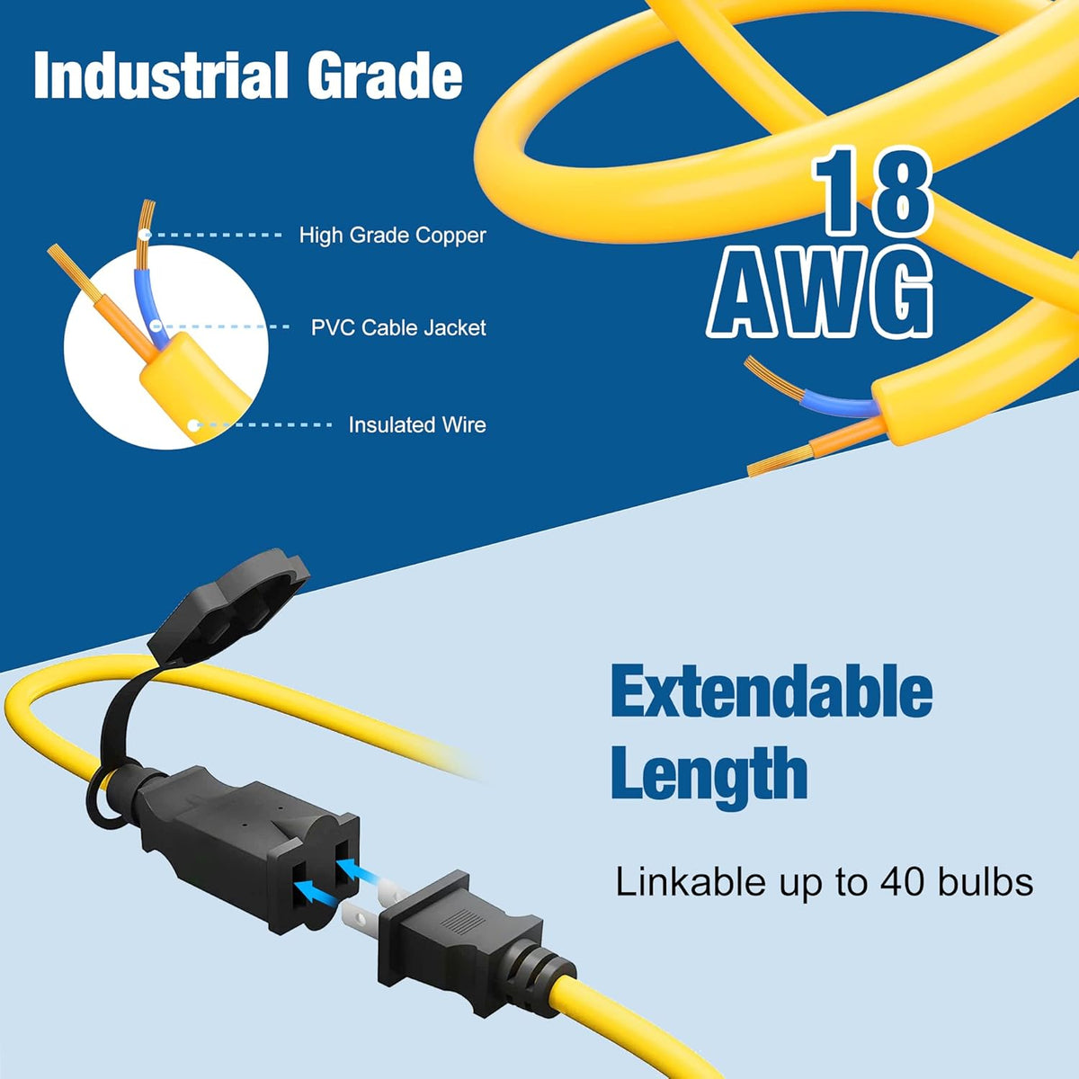 50FT Construction String Lights, IP65 Waterproof ETL Certified LED String Work Lights, 5000K