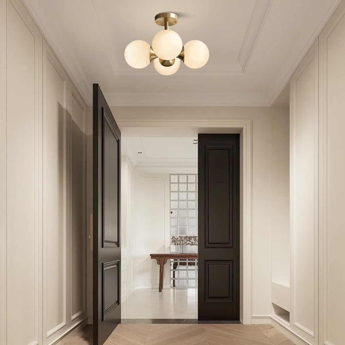 KCO Lighting Antique Brass 4-Light Ceiling Light Mid-Century Frosted Glass Globe Chandelier Modern