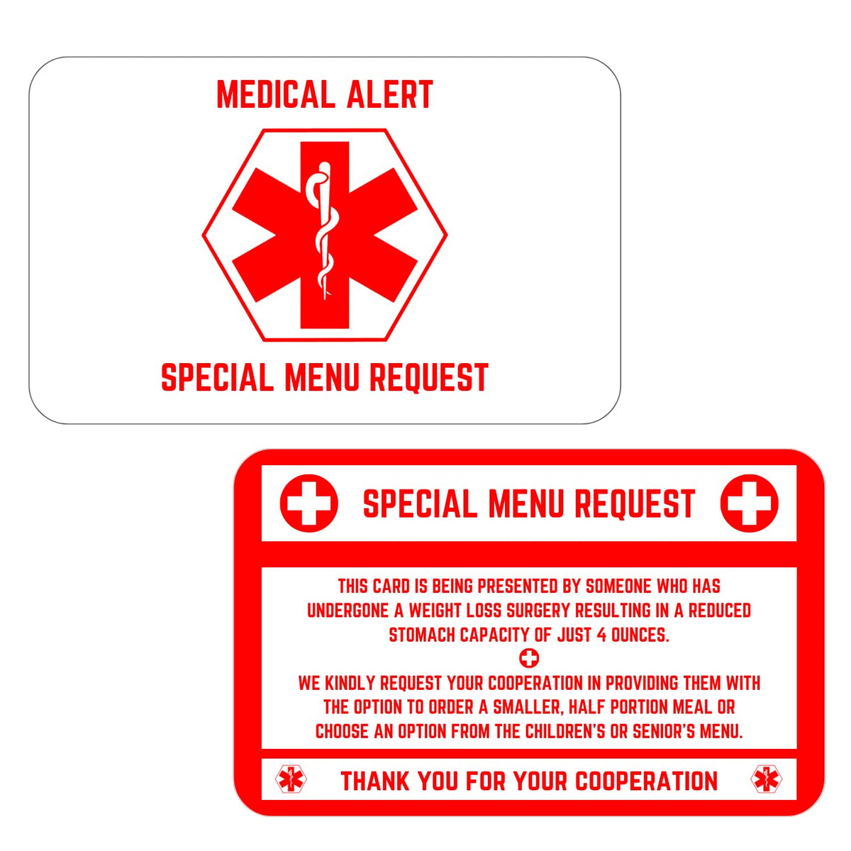 Bariatric Card for Restaurants, Special Menu Request Card, Portion Control Restaurant Request for