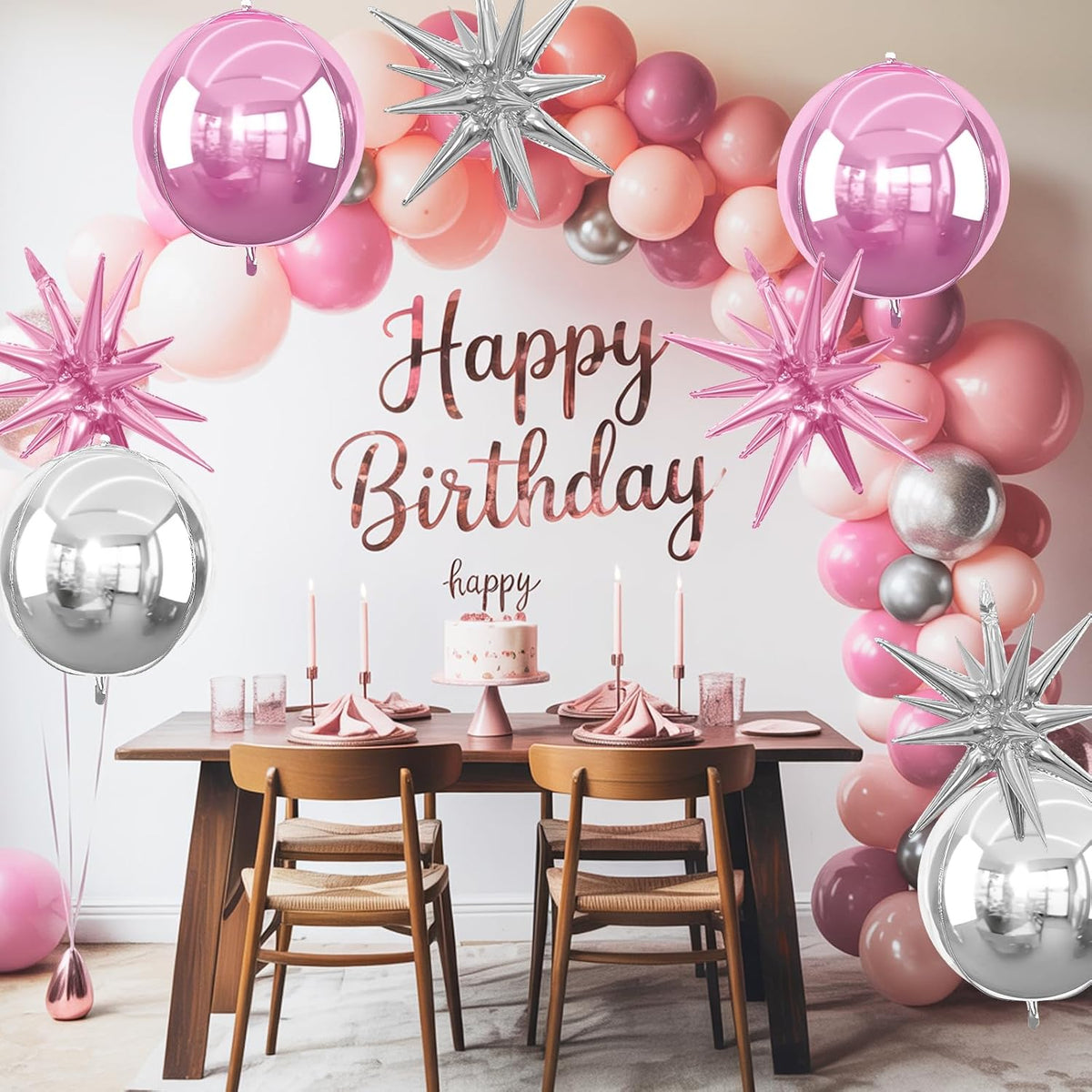 6Pcs Pink Silver Foil Balloons,22Inch Light Pink Silver 4D Round Ball Balloon and Explosion Star