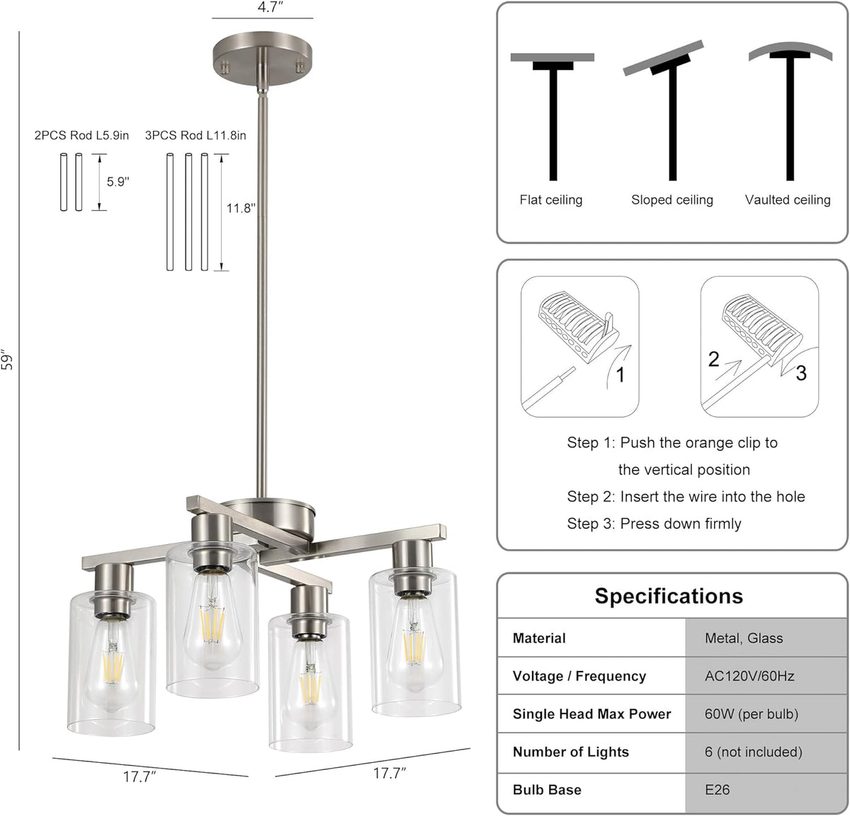 4-Light Modern Farmhouse Brushed Nickel Chandelier, Dining Room Light Fixture Over Table Adjustable