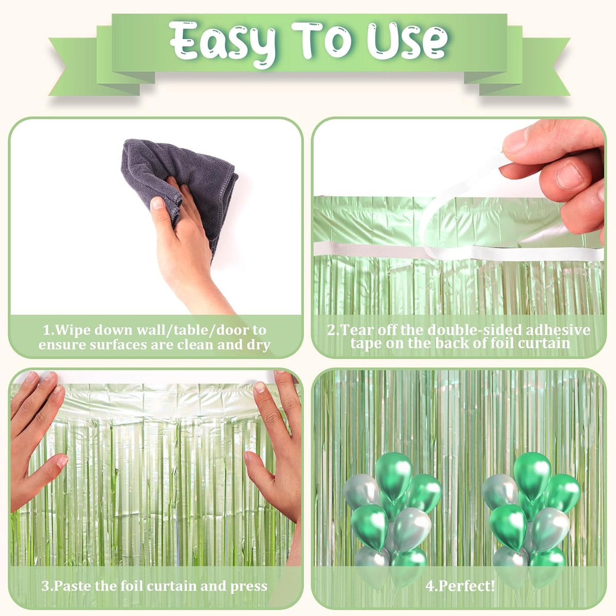 2 Pack Sage Green Foil Fringe Backdrop Curtains, Tinsel Streamers Party Decorations, Fringe
