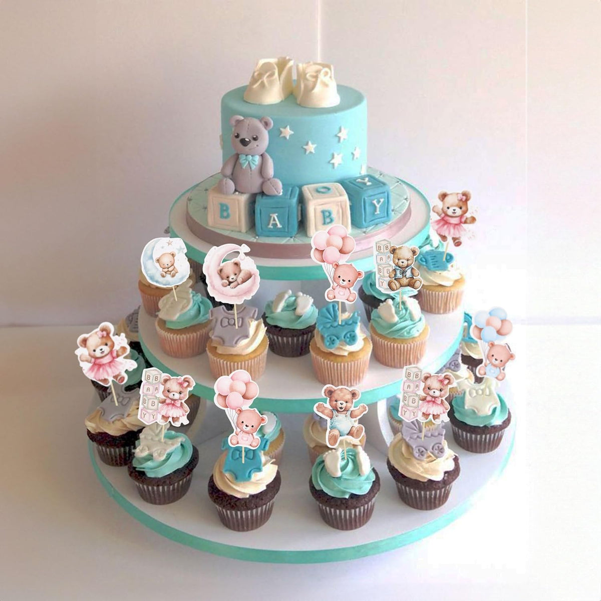 Gyufise 32Pcs Baby Shower Bear Cupcake Toppers Moon Baby Bear Baby Shower Cake Topper Decorations