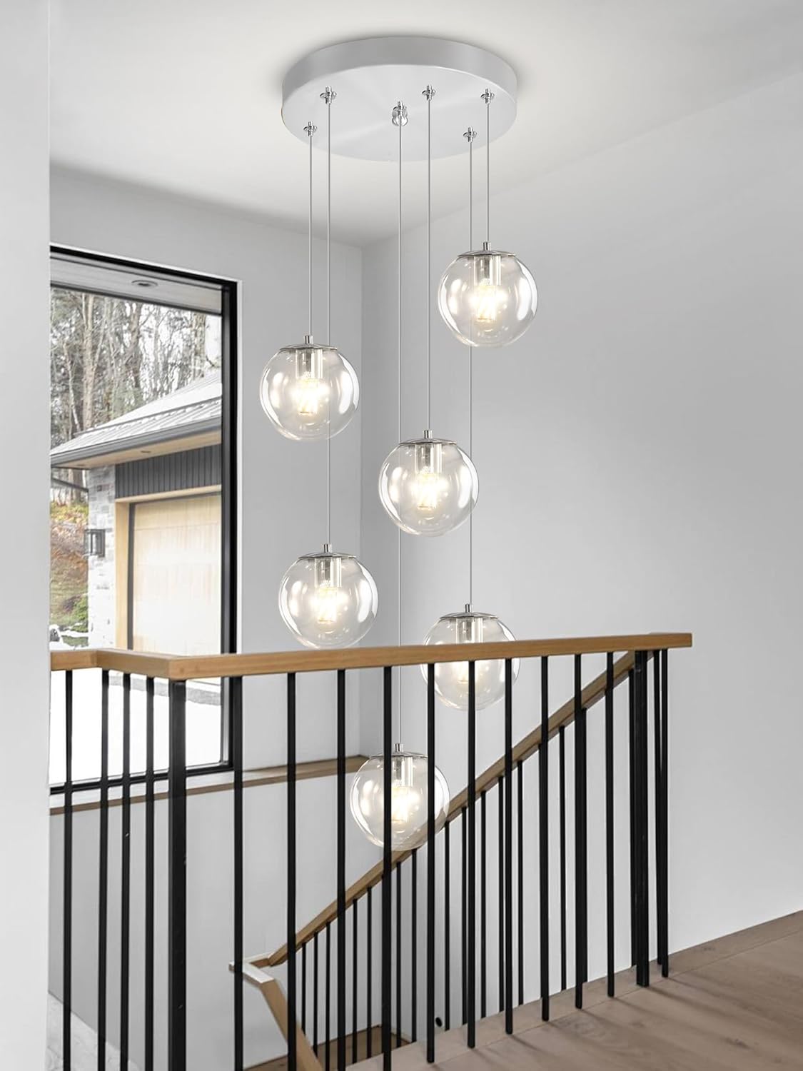 H 87in Modern Glass Globe Chandelier 6-Lights Glass Pendant Light for Staircase Silver Globe
